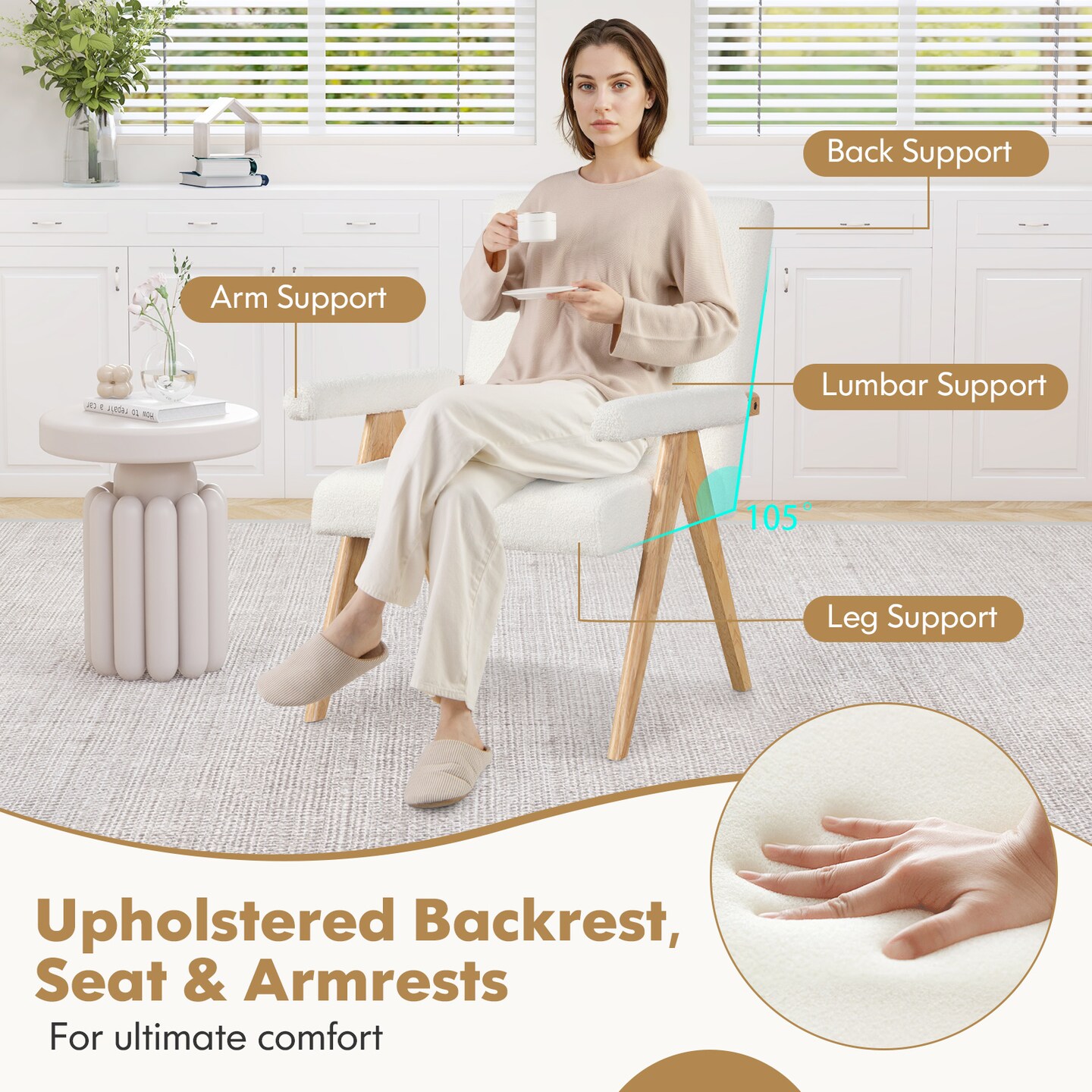 Beige Sherpa Fabric Accent Chair with Wood Arms and Backrest Comfy Lounge Chair for Modern Homes