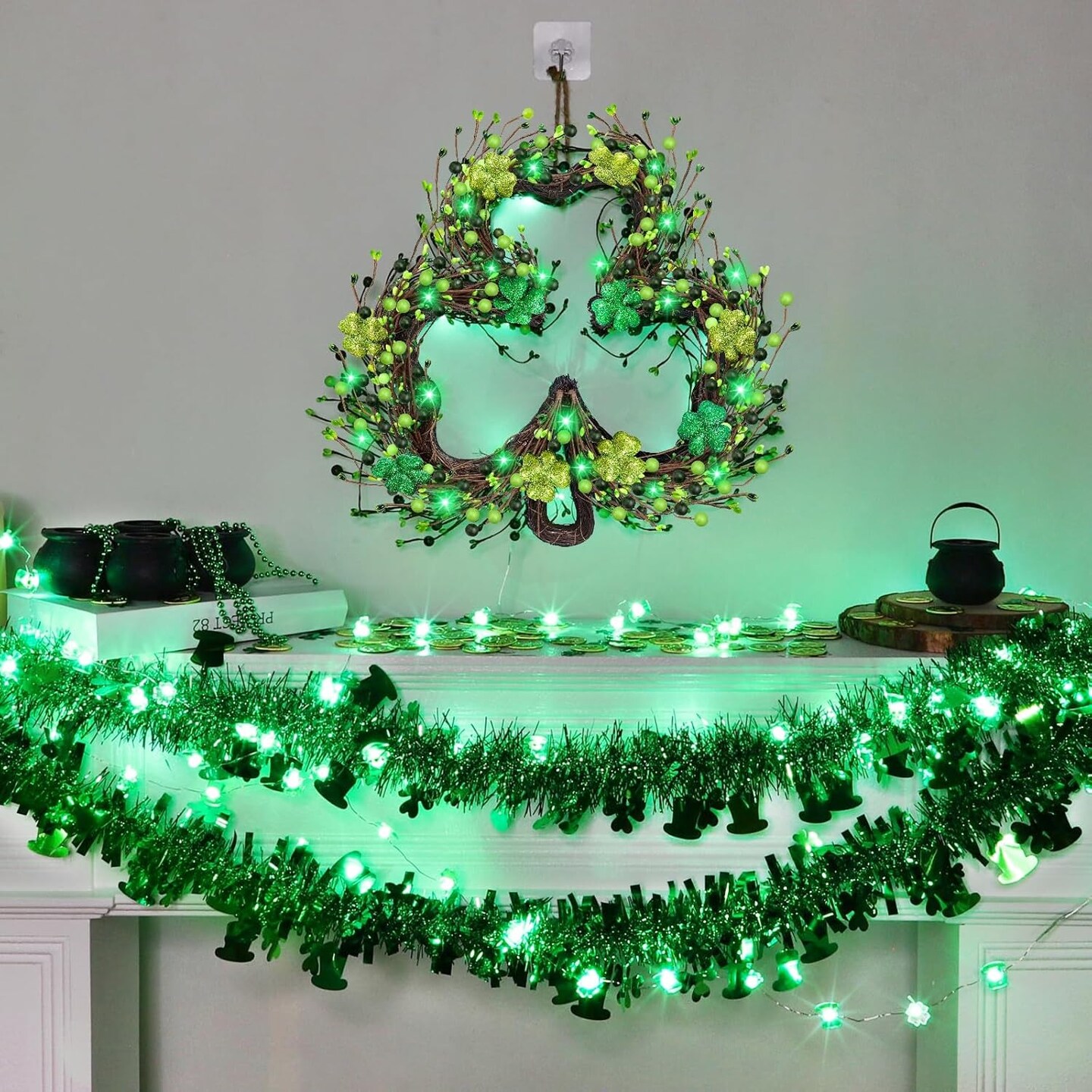 St Patricks Day Decorations, Shamrocks Wreath for Front Door