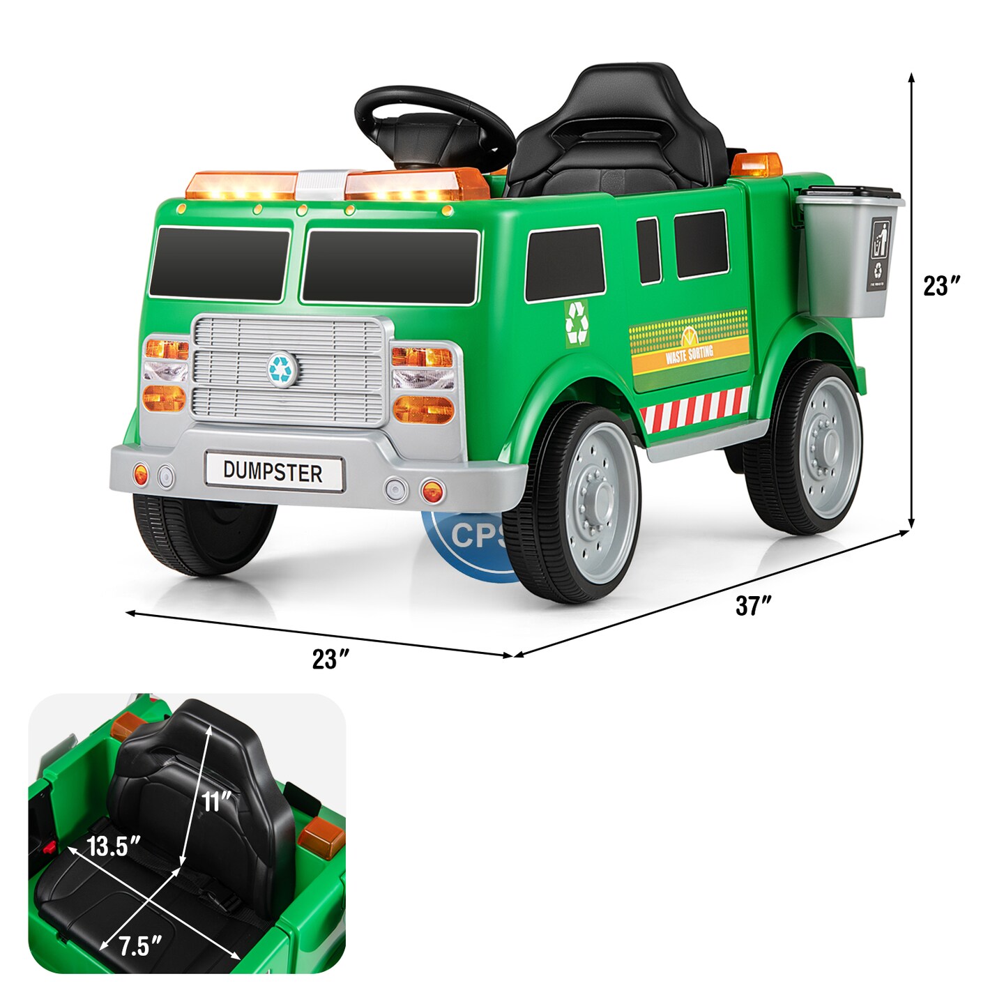 Green Plastic 12V Battery-Powered Electric Vehicle with Remote Control &#x26; Trash Bin