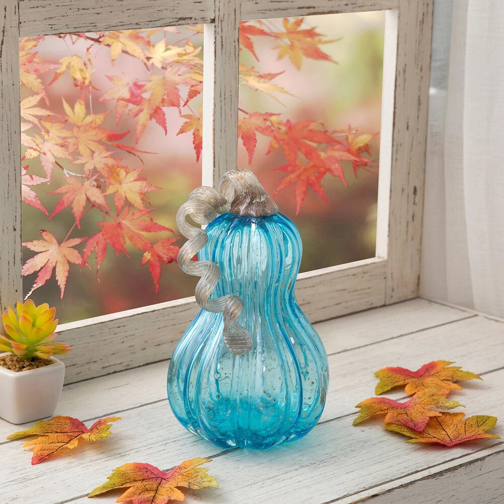 Set of 2 Blue Glass Pumpkin Fall Thanksgiving Table Decors