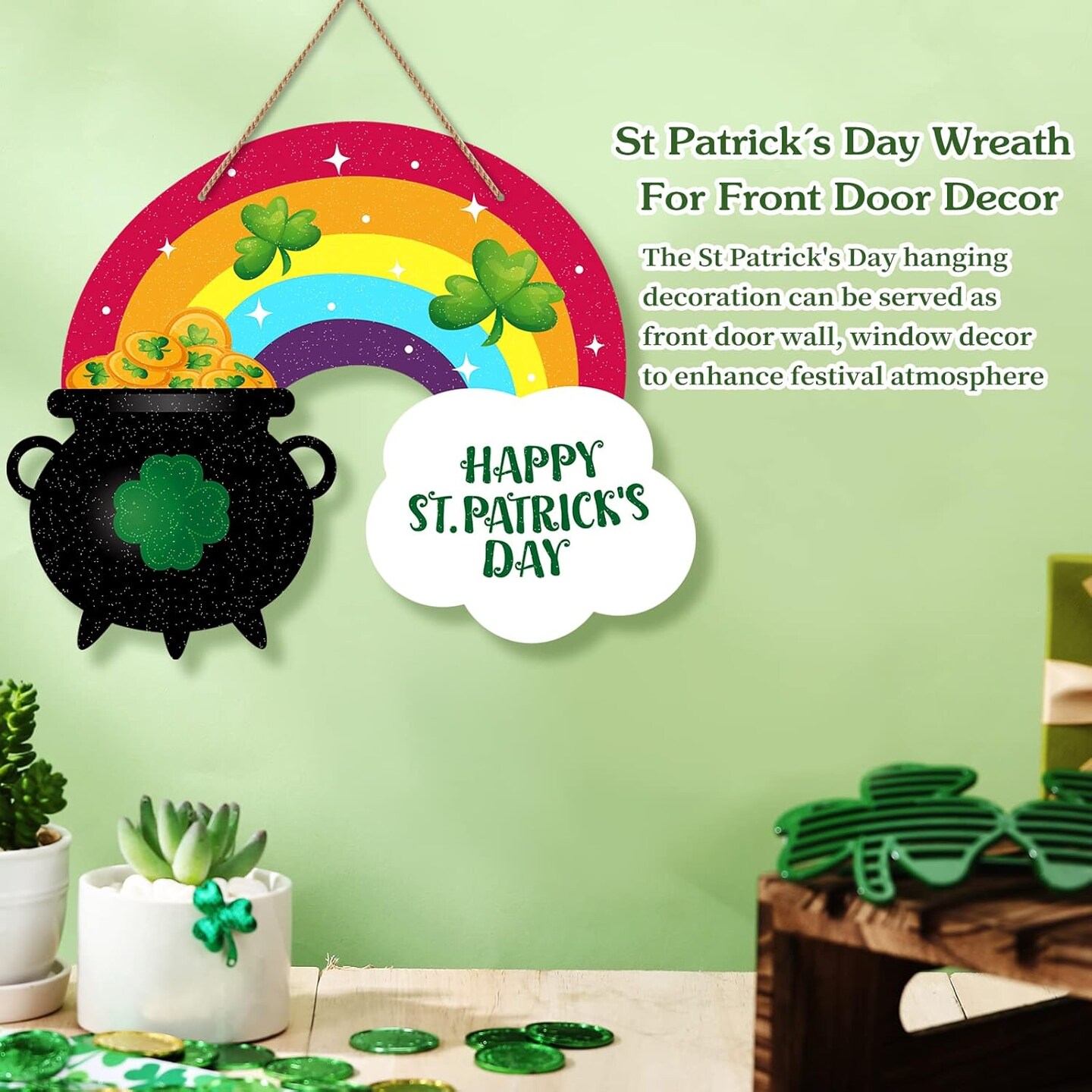 Happy St.Patricks Day Door Sign Rainbow Shamrock Clover Wreath Sign for Front Door St. Patrick&#x27;s Day Decorations Sign for Home Proch Wall Spring Irish Saint Patrick&#x27;s Day Party Decorations