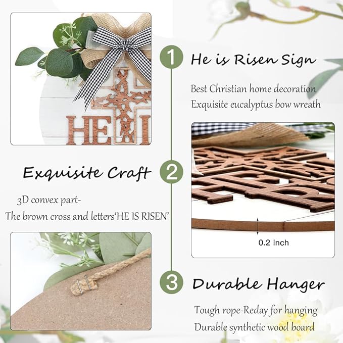 He is Risen Easter Front Door Sign Wreath (11.4&#x22;x11.4&#x22;), Rustic Christian Cross Wall Sign Hanging, Farmhouse Religious Easter Home Door Decoration for Housewarming Easter Gift