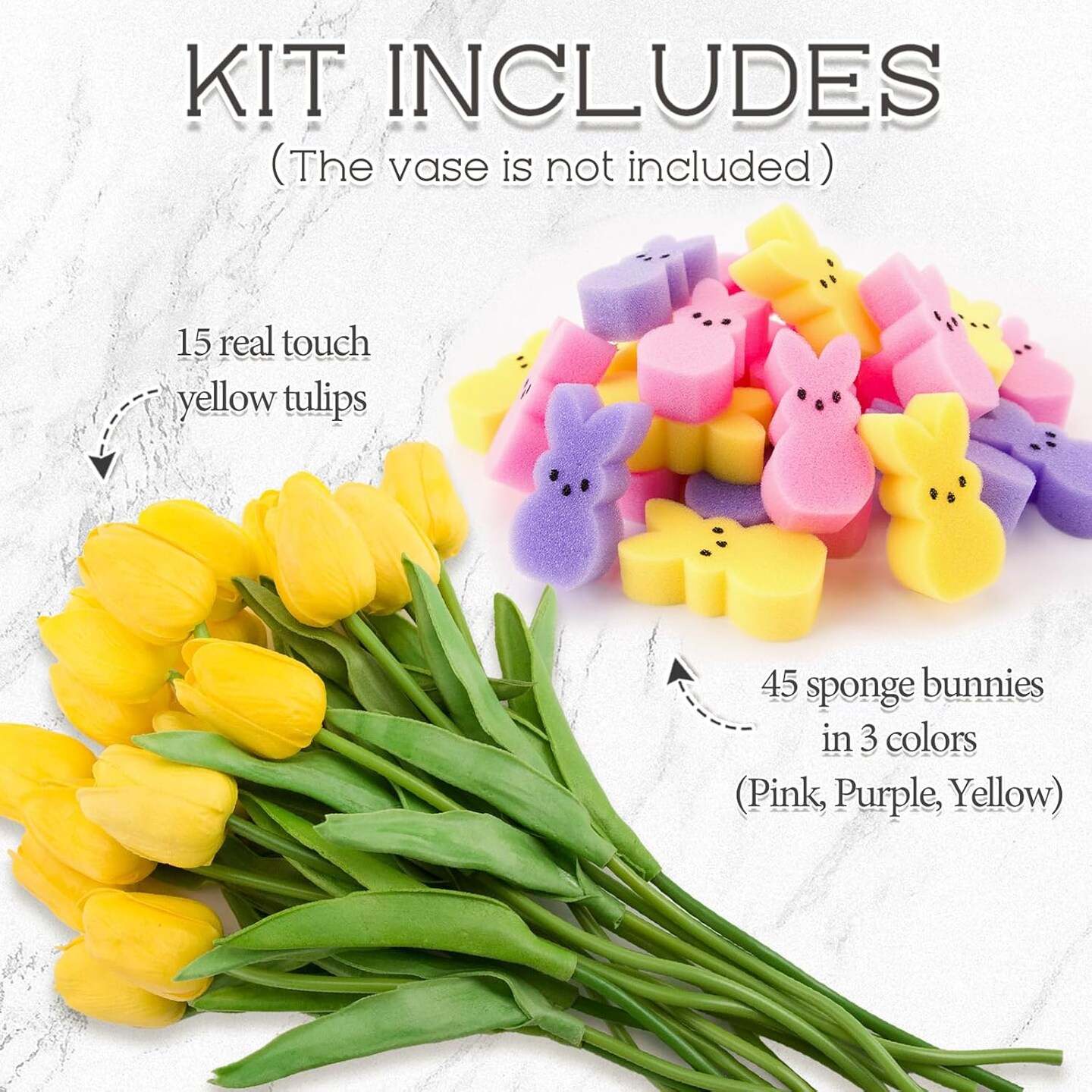 Easter Decorations - Easter Peeps Decor - 15 Artificial Tulips with 45 Bunnies Vase Filler Set