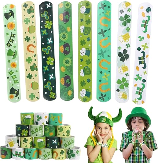 48pcs St. Patrick&#x27;s Day Slap Bracelets, Lucky Shamrock Kids Snap Wristbands Toys for Irish St. Patty Party Supply