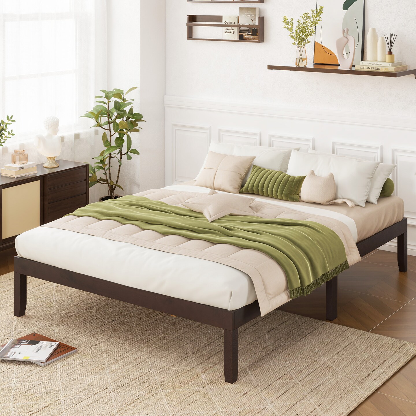 Queen Size Platform Bed Frame with Slats Support and Rubber Wood Legs