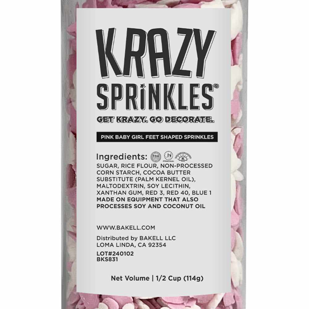 Krazy Sprinkles - Pink and White Baby Feet (1/2 Cup, 1x Jar) for Cakes, Ice Cream & Cookies