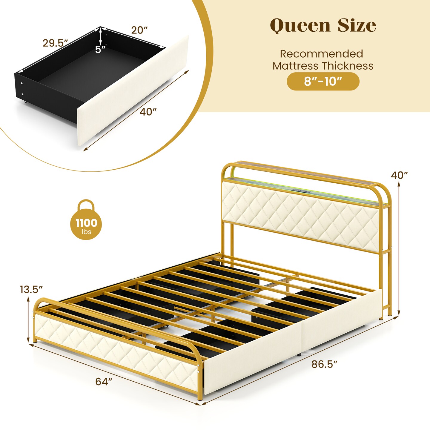 Bed Frame with LED Lights and Charging Station Gold