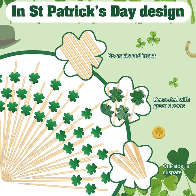 200 Pcs St Patrick's Day Toothpicks Shamrock Cocktail Picks Handmade Bamboo Toothpicks 4.7 in Lucky Clover Food Picks for Cake Topper Drink Sandwich Fruit Dessert Food Appetizer for Irish Day Party