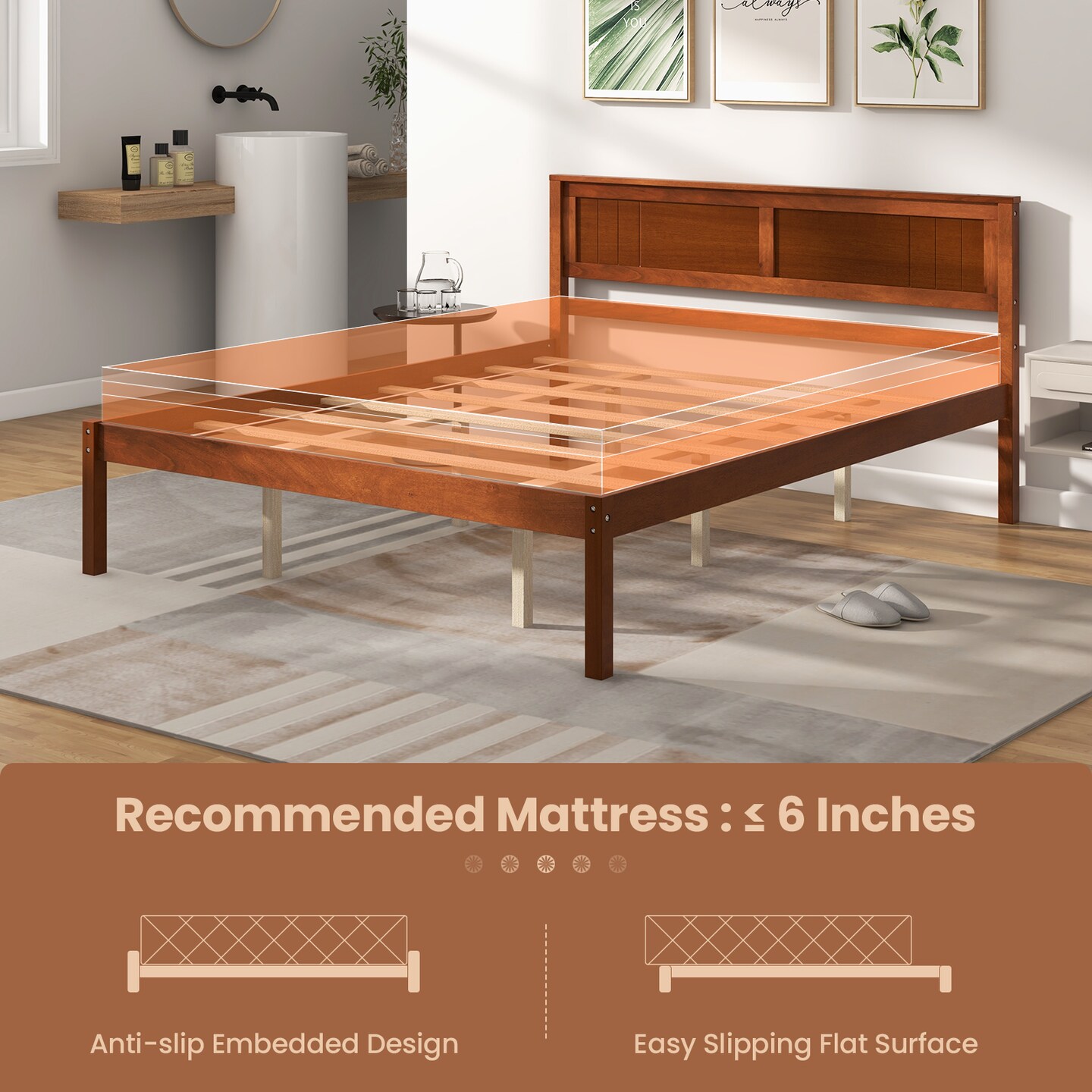 Metal Twin/Full/Queen Size Bed Frame with Wooden Headboard and Slat Support