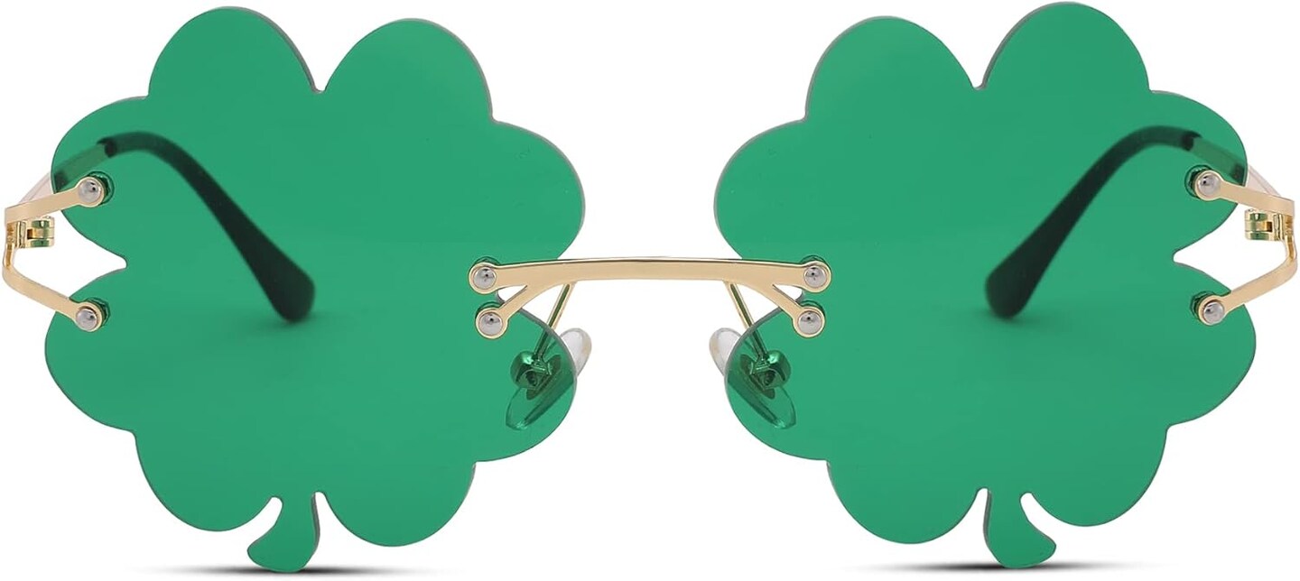 St. Patrick&#x2019;s Day Green Sunglasses Irish Shamrock Four Leaf Clover Green Lens Shades Costume Party Glasses(Four Leaf Green)