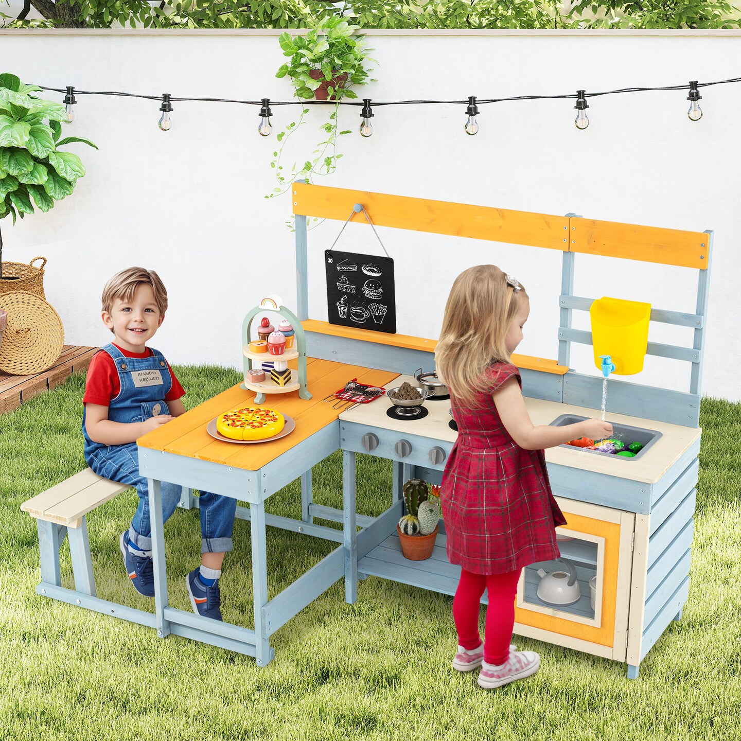 Natural Fir Wood Play Kitchen with Kids Picnic Table and Built-in Bench for Outdoor Fun