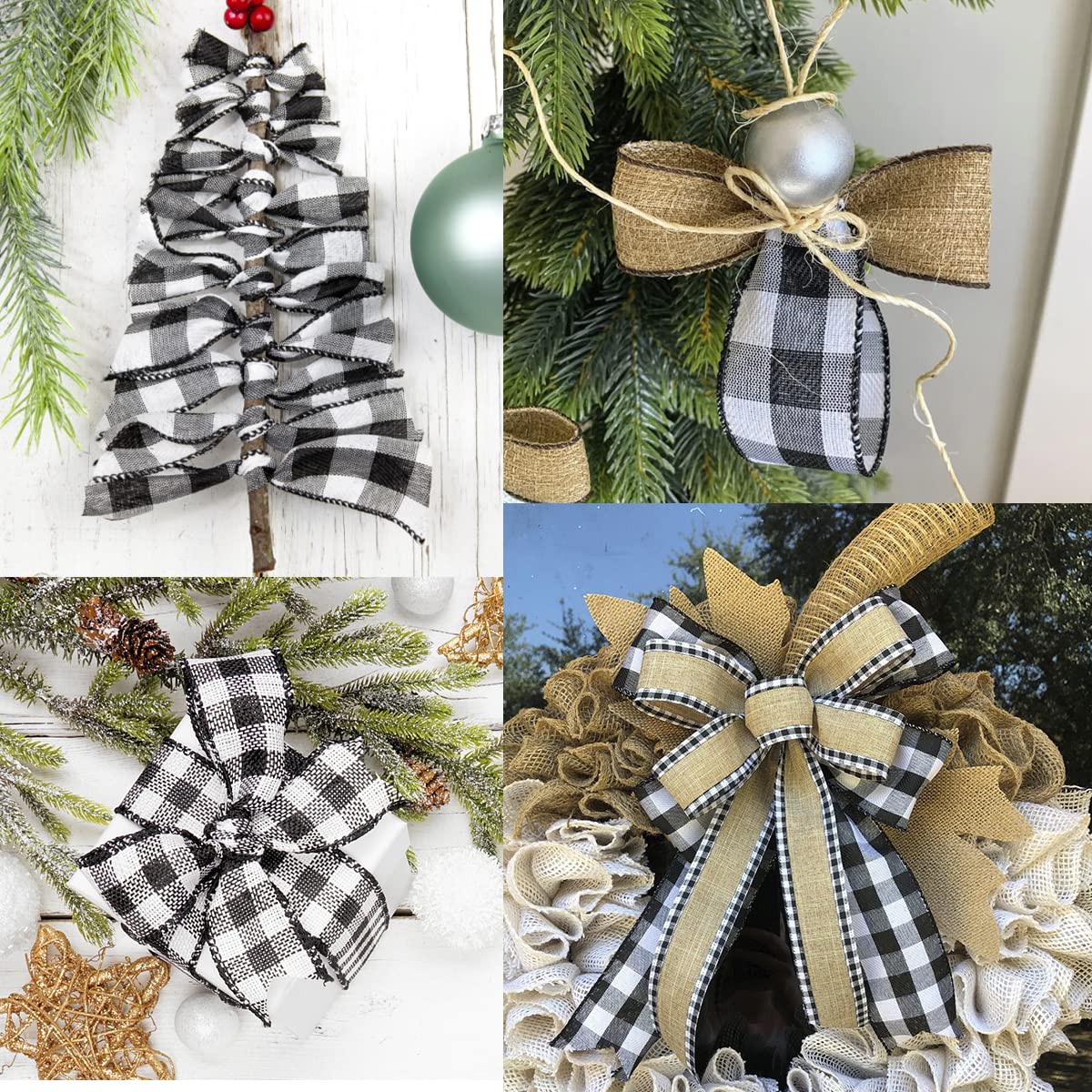3 Rolls Christmas Buffalo Plaid Ribbon Wired Edge 9.9 Yard Plaid Burlap Ribbon Christmas Checked Burlap Ribbon for Christmas Tree Wrapping Crafts Decoration 1.5 inch Width(Black and White)