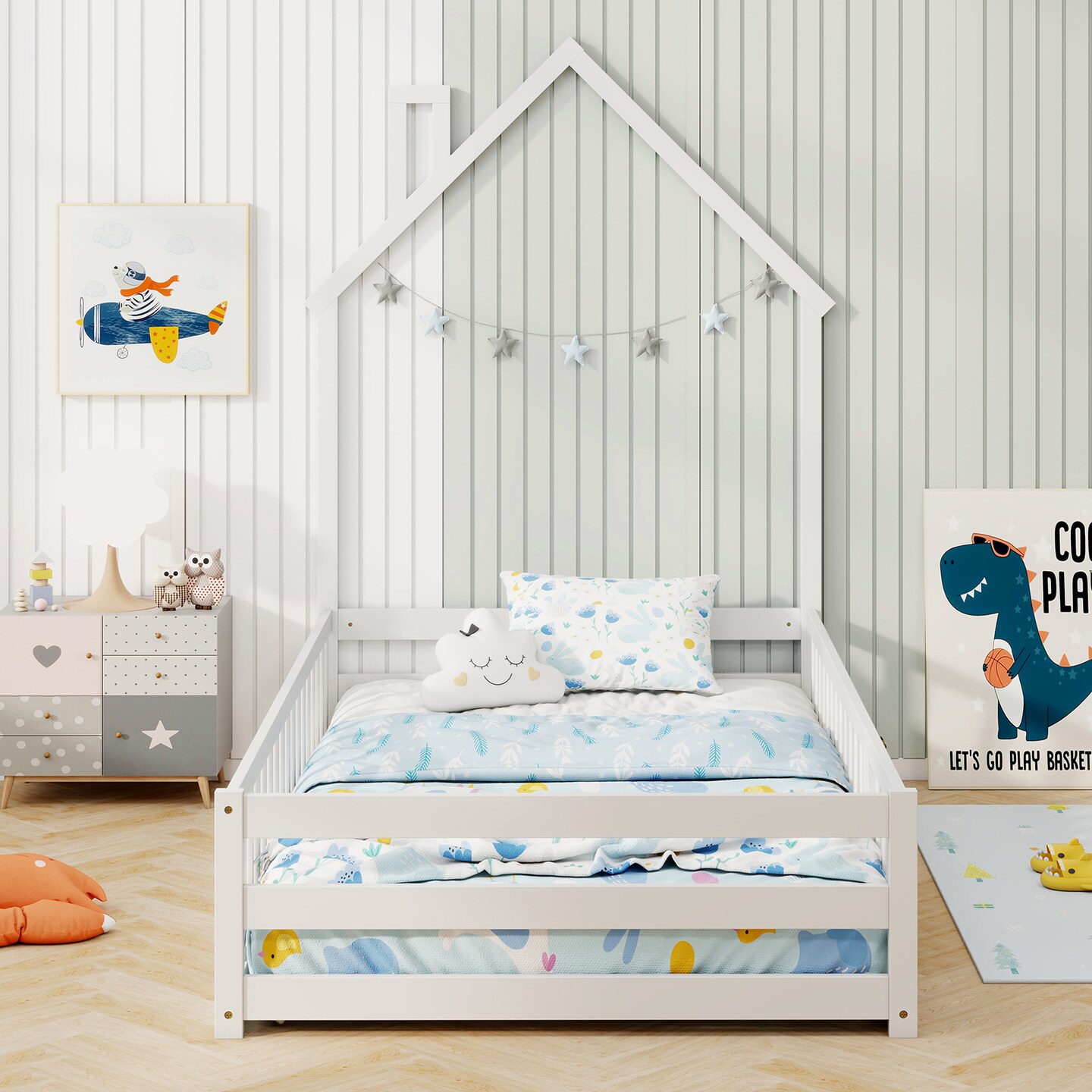Wooden Twin Size Montessori Floor Bed with Lockable Door Guardrails and House Shape Design