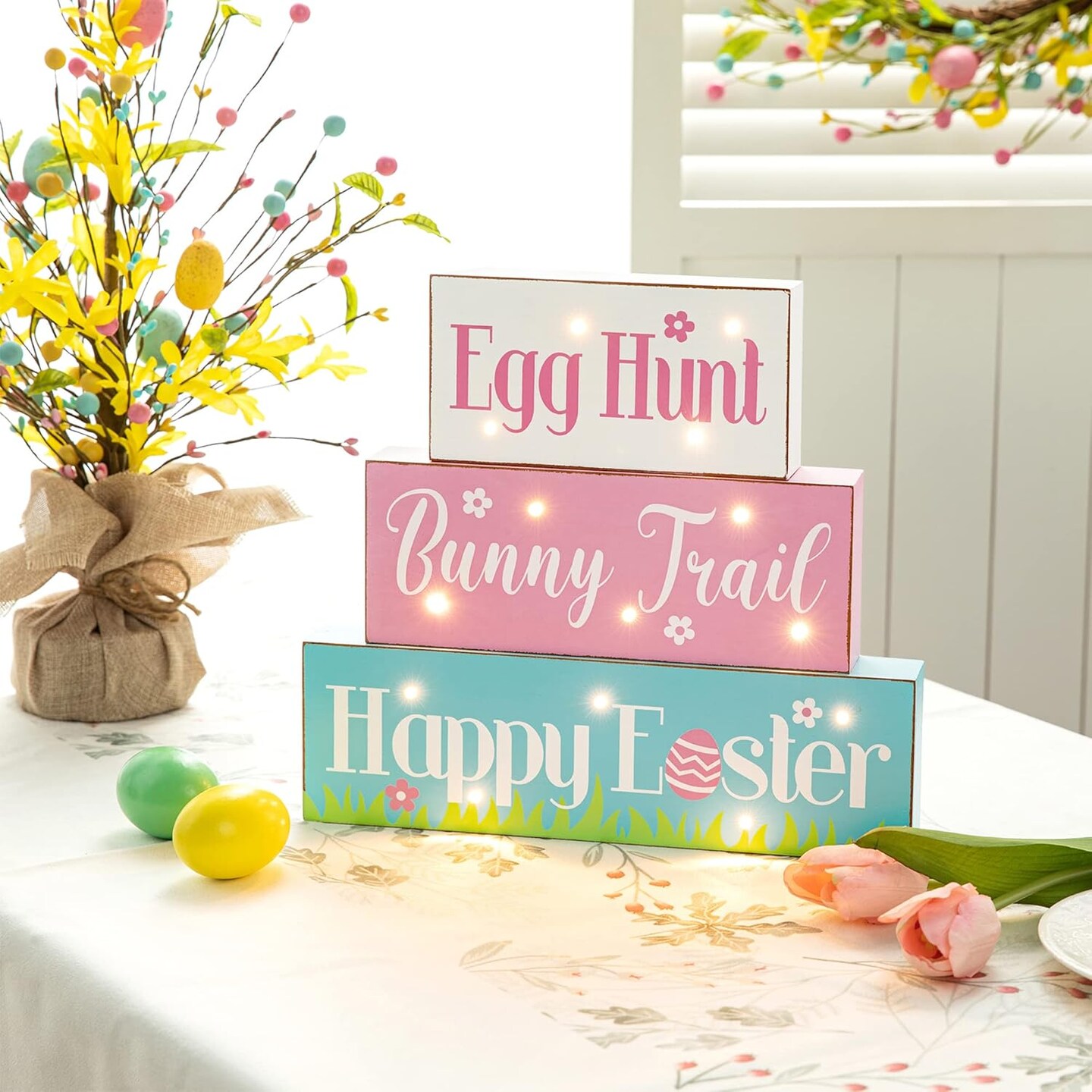 LED Lighted Wooden Easter Table Sign Spring Home Decor for Holiday Easter Party Supplies Props