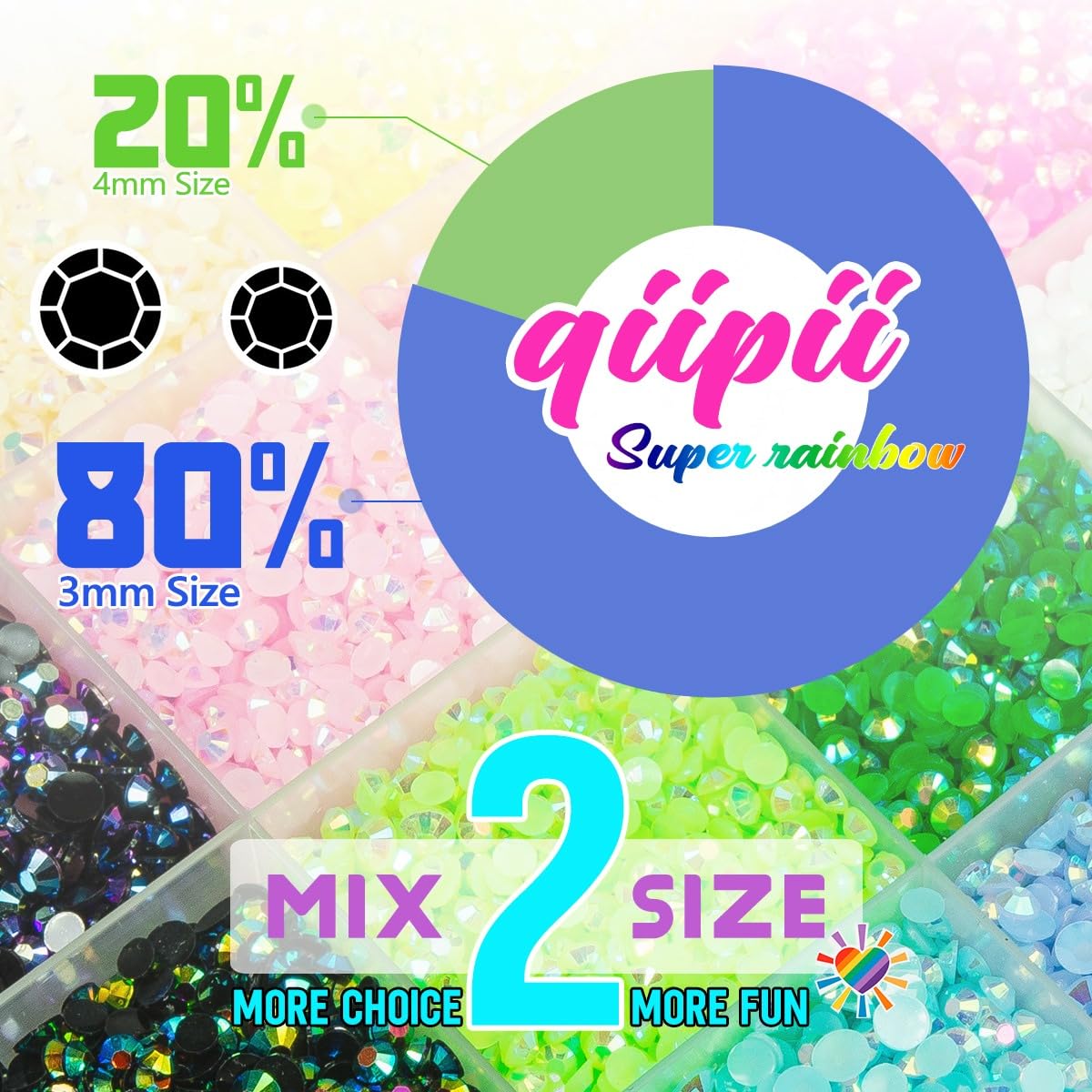 20000PCS 24 Color Jelly Resin Rhinestones Bulk 3mm 4mm Flatback Stones Super Rainbow Colorful Resin Non-Hotfix AB Gems Diamonds for Crafts Tumblers Bottles DIY Decoration Nails Eyes Face Makeup