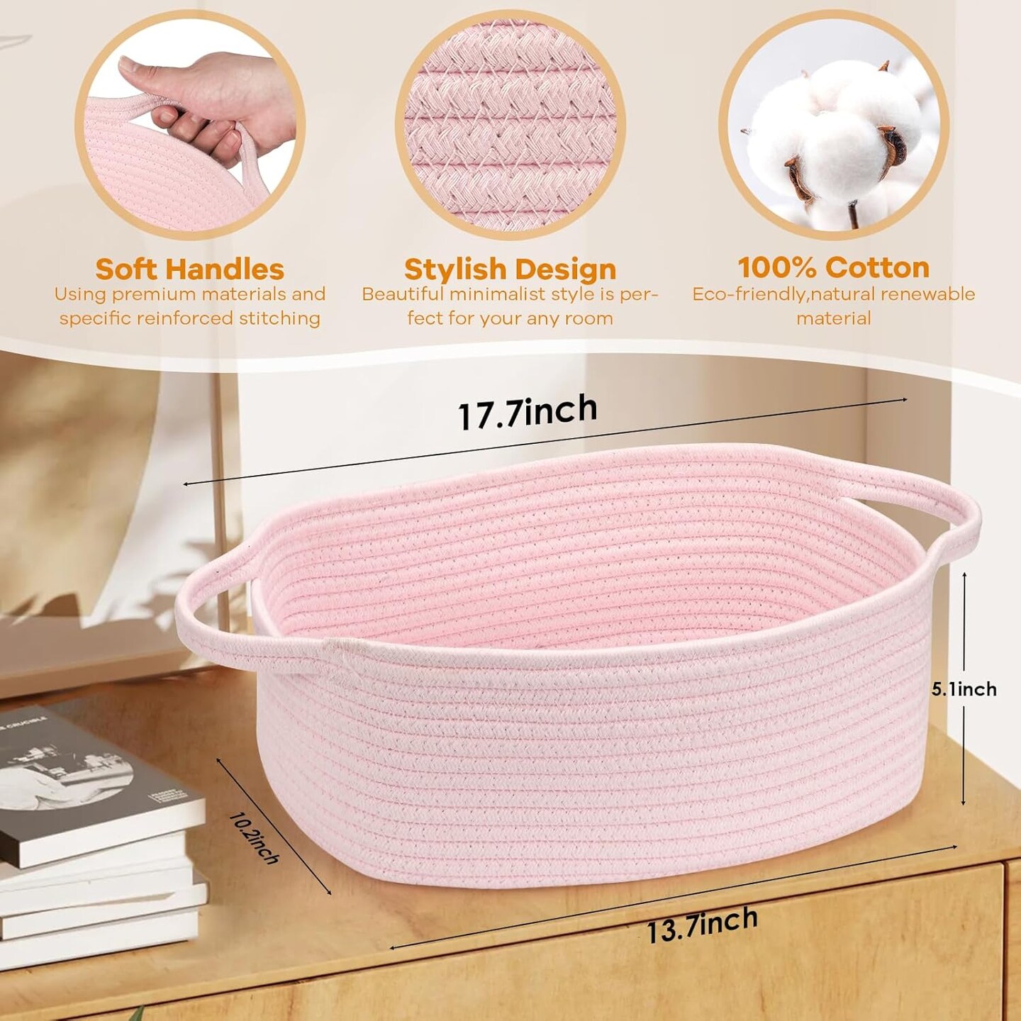 Small Woven Cotton Rope Basket Cute Baby Gift Baskets Empty Decorative Storage Basket for Organizing Shelves Closet Baby Nursery Basket Bin Toy Storage Basket Organizer 13.7&#x22;x10.2&#x22;x5&#x22; Pink