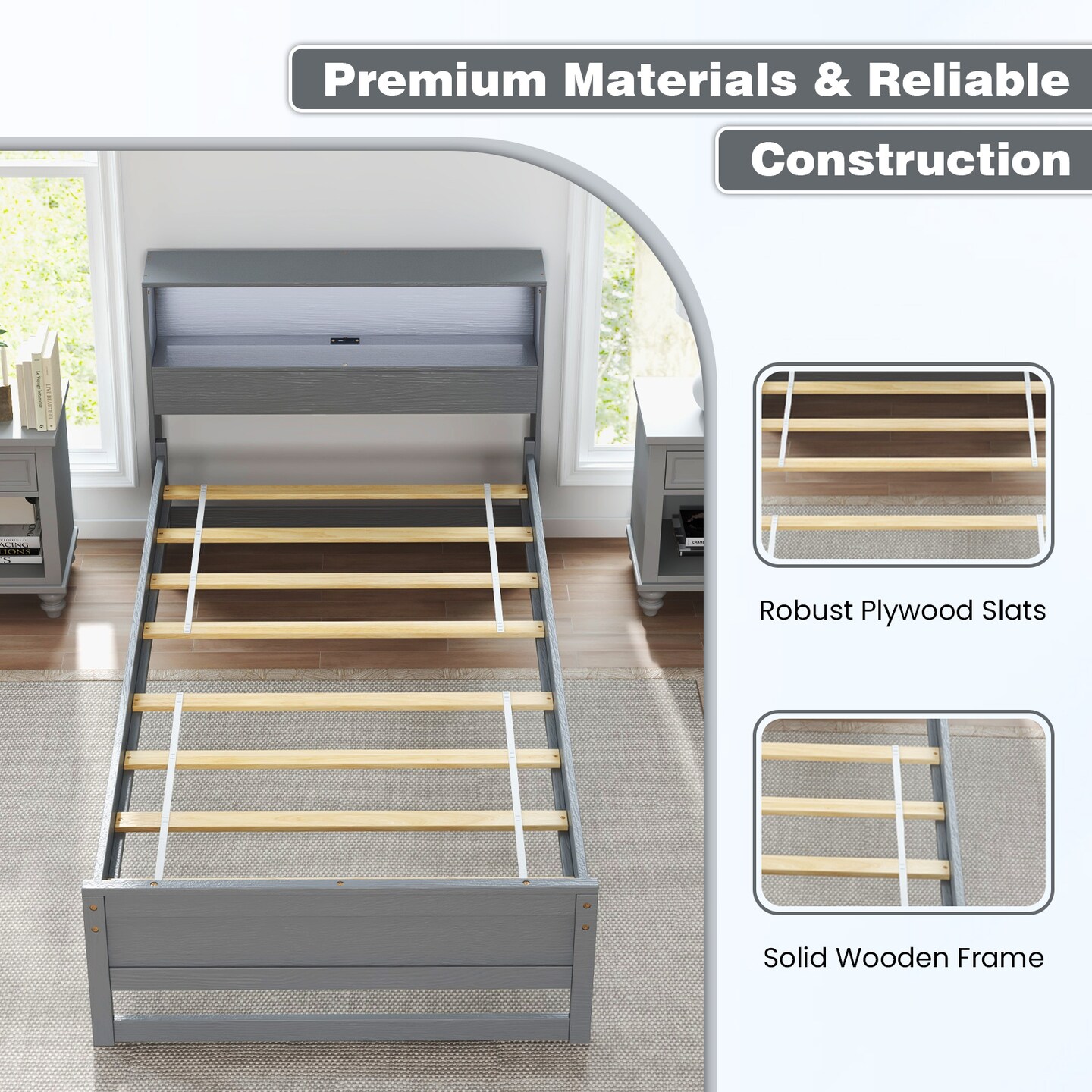 Wooden Twin Bed with Storage Headboard Charging Station LED Light and Under-bed Storage