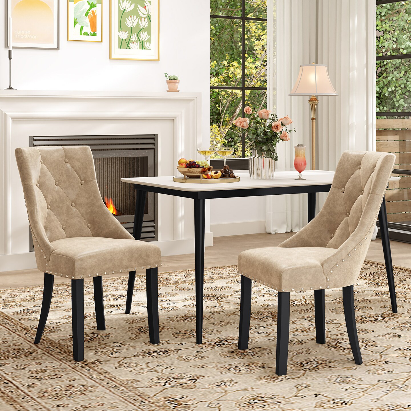 Tufted Wingback Upholstered Dining Chairs Set of 2-Light Brown