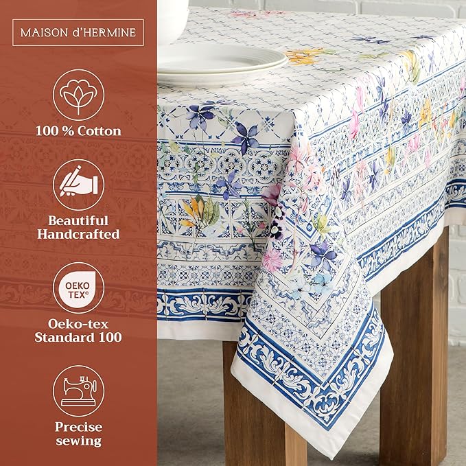 Tablecloth 70&#x22;x108&#x22; - Faience Pattern - Rectangle Decorative Cotton Tablecloth for Dining Room, Home, Farmhouse, Parties, Outdoor, Boho &#x26; Wedding - Ideal for Spring &#x26; Summer