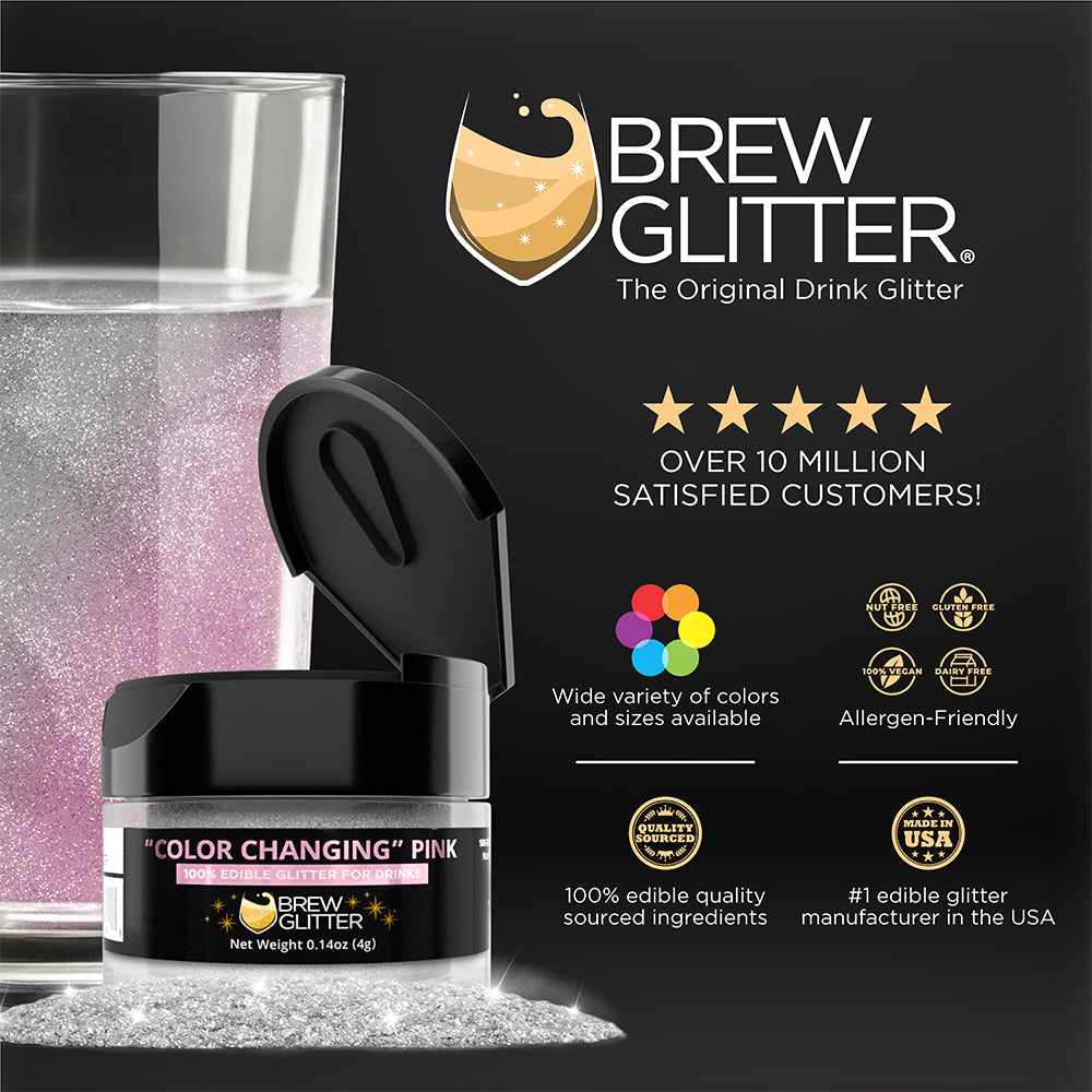 Brew Glitter - Pink Color Changing Edible Drink Glitter (4g, x1 Flip-Cap Jar) for Beer, Cocktails and Beverages