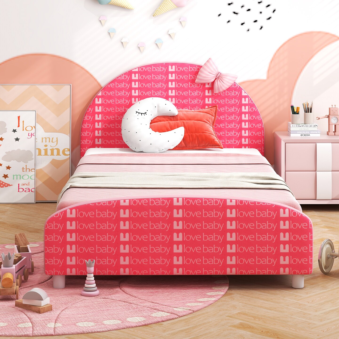 Wood Upholstered Kids Twin Bed Platform with Slat Support