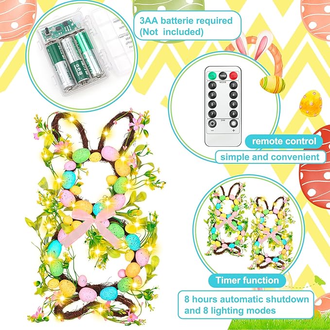 2 Pcs Easter Bunny Spring Wreath with 20 LED Lights 23.6'' Easter Rabbit Door Wreath with Bow Eggs Hanging Bunny Wreaths for Front Door Easter Door Hanger for Spring Outdoor Wall Home Decoration