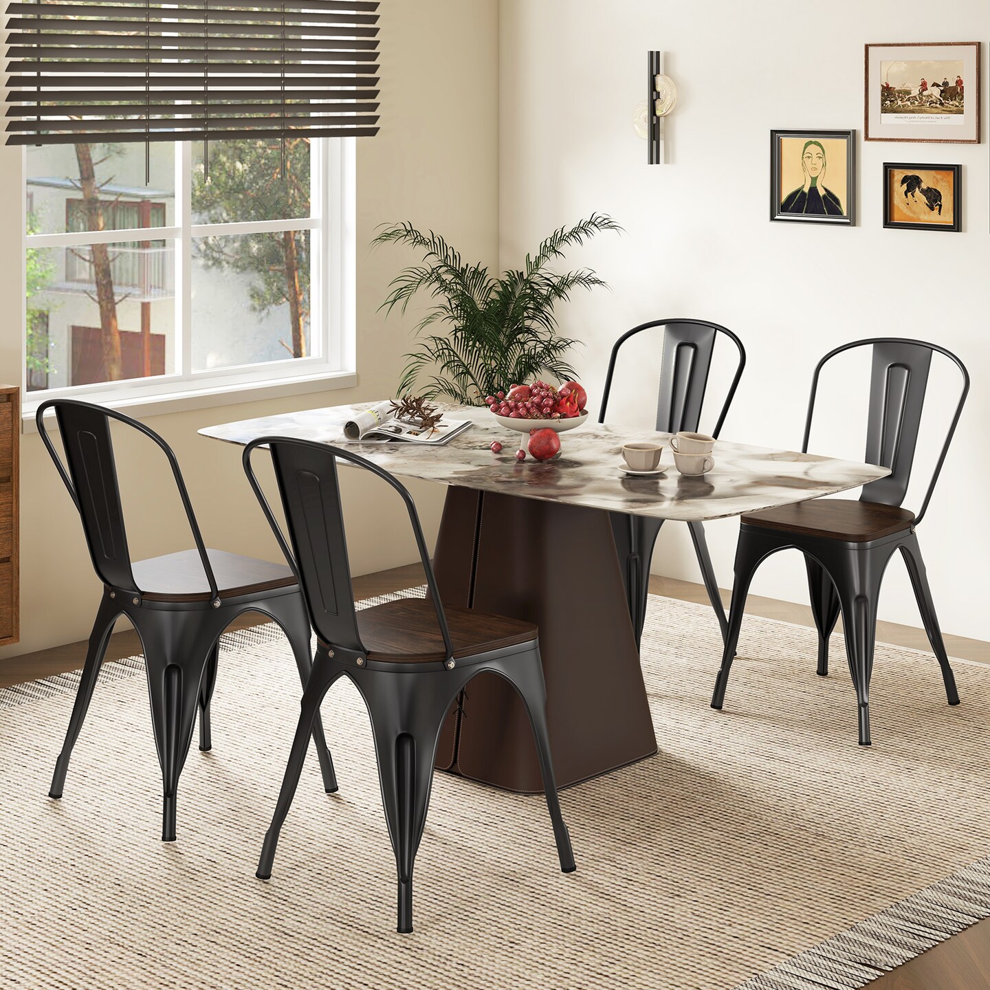 Metal Style Dining Chairs Set of 4, Stackable Kitchen Chairs with Wood Seat