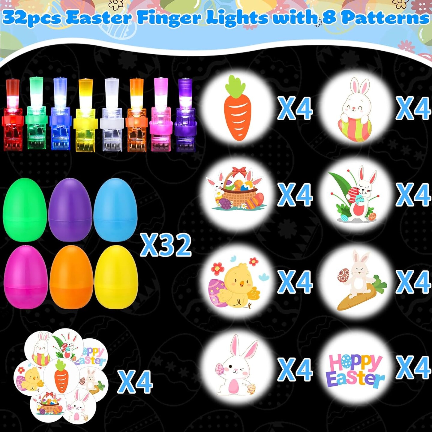 Prefilled Easter Eggs with Finger Lights Toys , 32 Pack Small Toys for Easter Egg Fillers