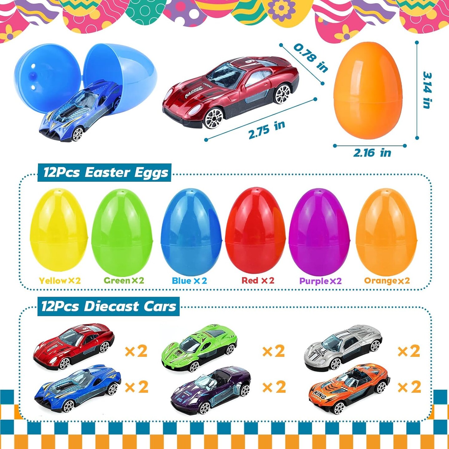12 Pack Easter Eggs with Die-cast Cars for Kids Boys Easter Basket Stuffers, Prefilled Easter Eggs with Toys