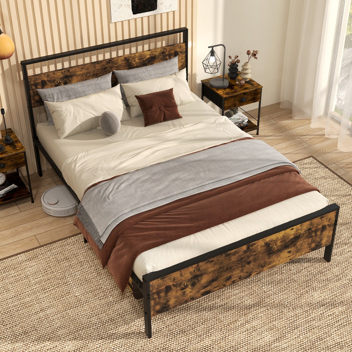 Metal Bed Frame Industrial Platform Bed with Wooden Headboard