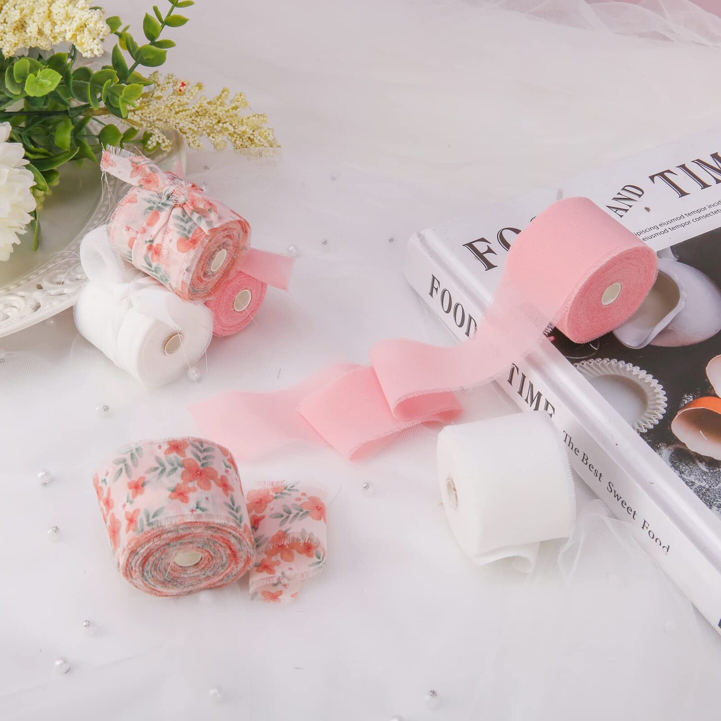 Dseason Handmade Fringe Floral Silk Chiffon Ribbons 1.5" x 7 Yards, 3 Rolls 21 Yards Pink Floral Ribbons Set for Wedding Invitations, Bridal Bouquets, Gifts Wrapping, DIY Crafts Decoration