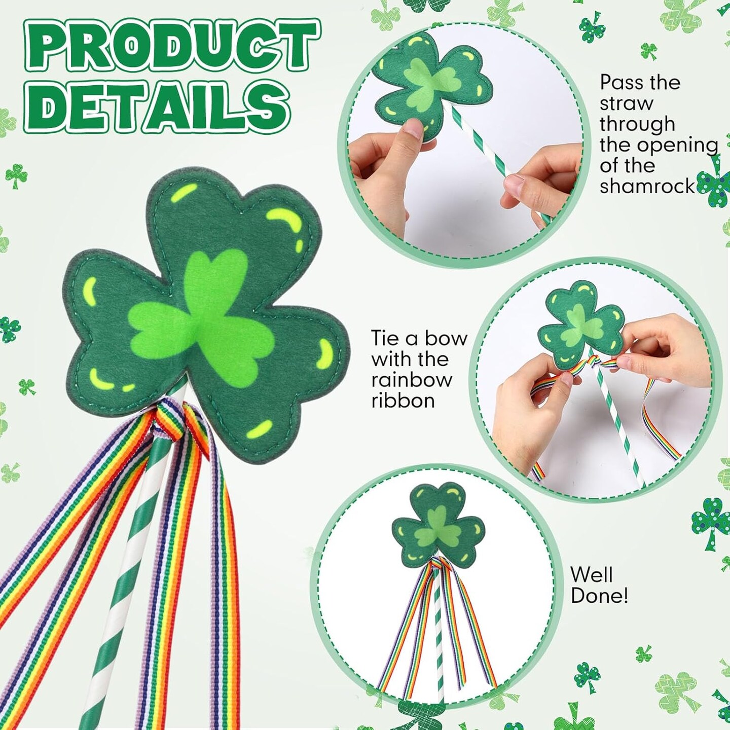 24 Set St. Patrick&#x27;s Day Shamrock Wand Craft Kits with Dark Green Stripes Straws Felt Clover