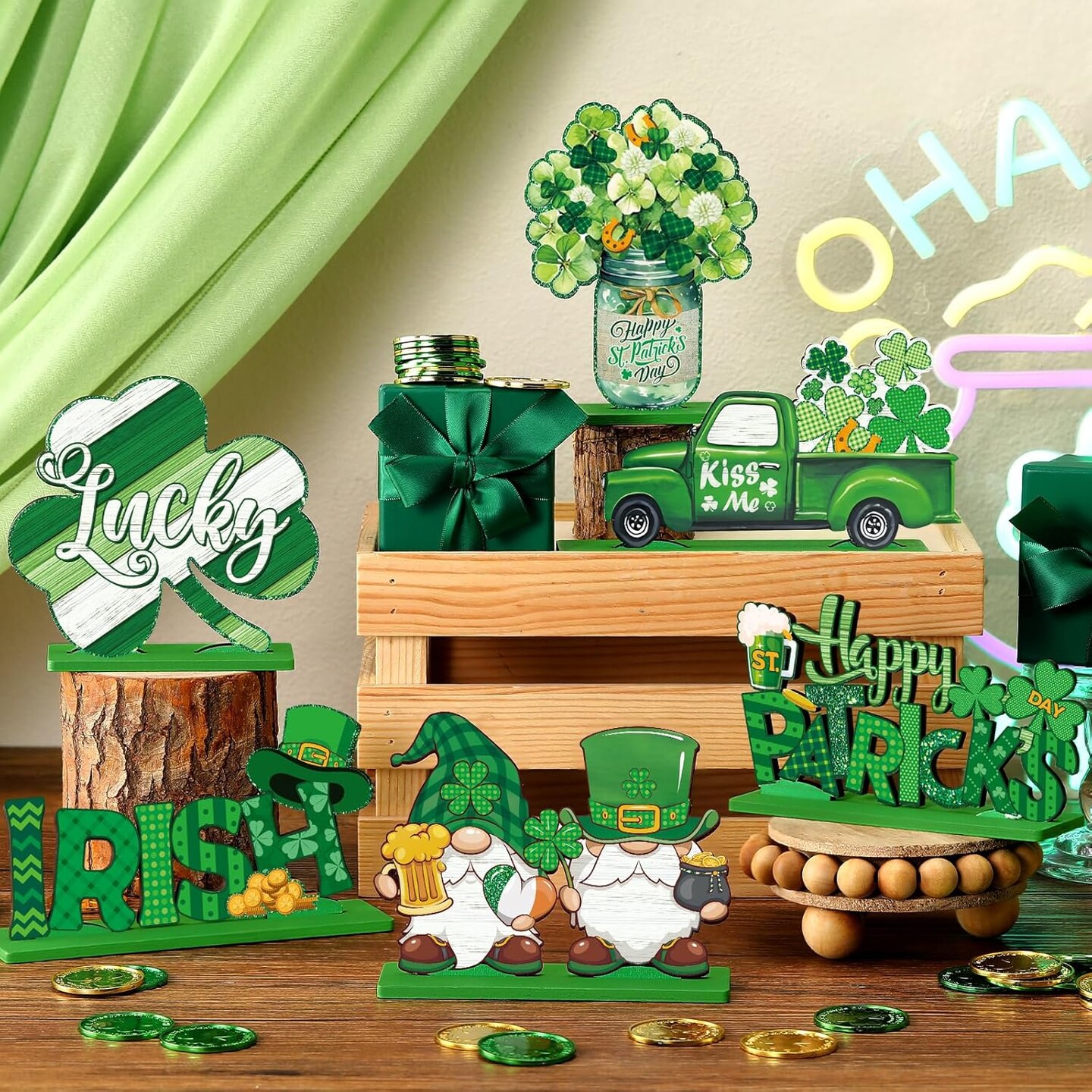 6 Pcs St Patrick's Day Table Decorations Shamrock Wooden Table Sign Happy Patricks Lucky Gnome Wood Centerpiece for Table Irish Wooden Plaque St Patricks Tiered Tray Decor for Home Holiday