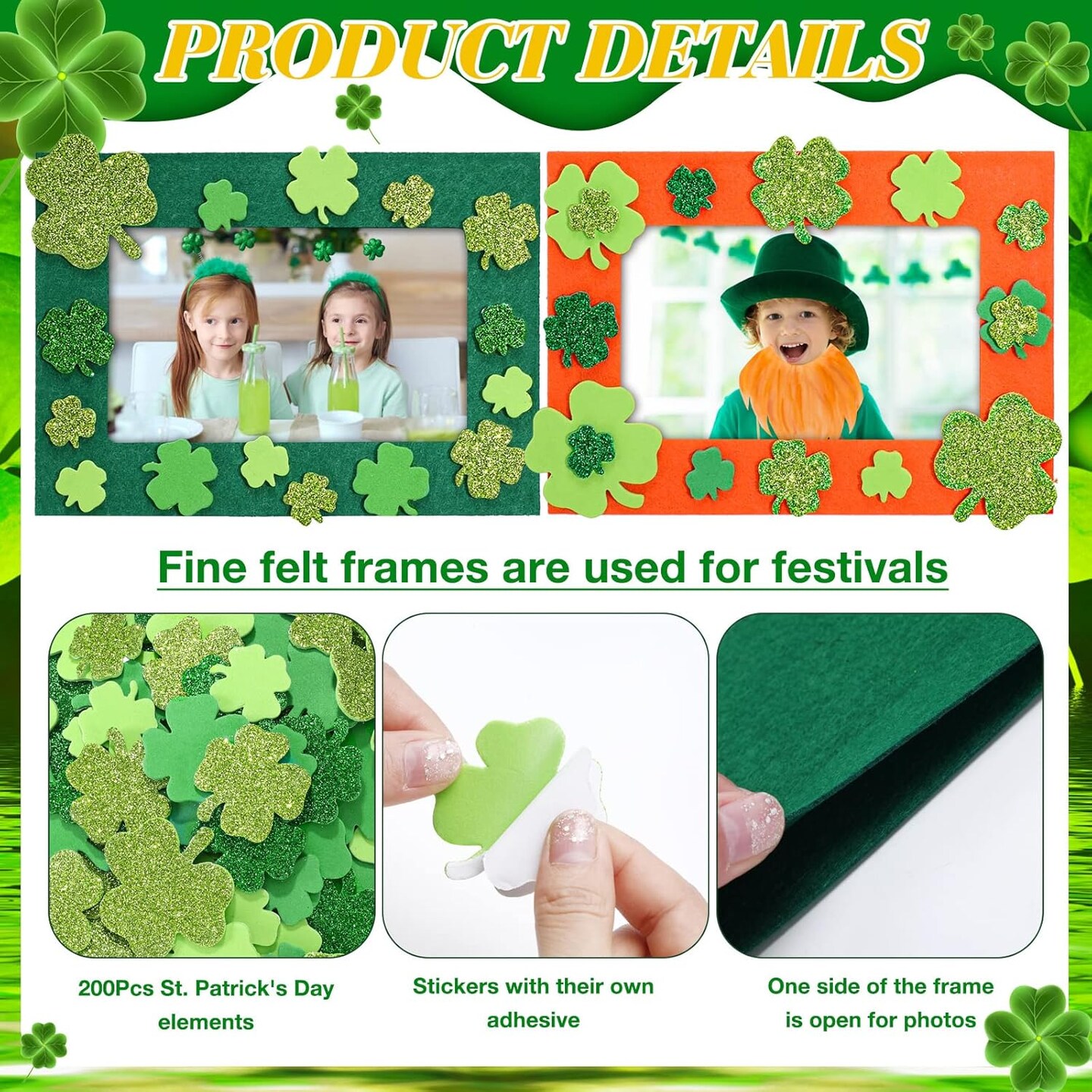 232 Pieces St. Patrick&#x27;s Day DIY Picture Frames Craft Kit for Party 32 Pieces Irish Festival Felt Photo Frames
