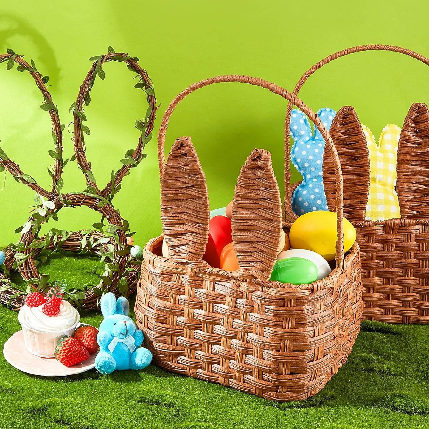 2 Pcs Easter Basket with Handle Bunny Easter Woven Picnic Basket for Kids with Cute Rabbit Ears Rattan Gift Wicker Wine Woven Empty for Candy Storage Toy Girl Party Supplies