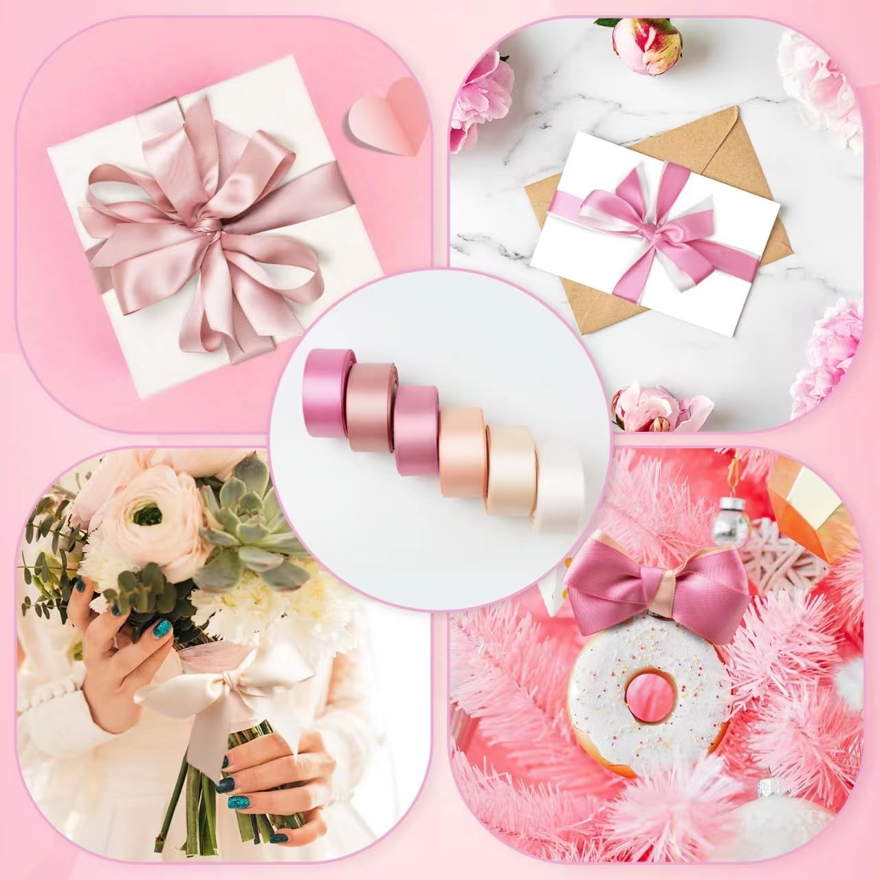 Pink Satin Ribbon 1 Inch Wide Light Pink Blush Pink Dusty Rose Ribbon Assorted Solid Color Double Faced Satin Ribbon for Flower Bouquet Wedding Invitation Crafts Gift Wrapping Hair Bows - 60Yds