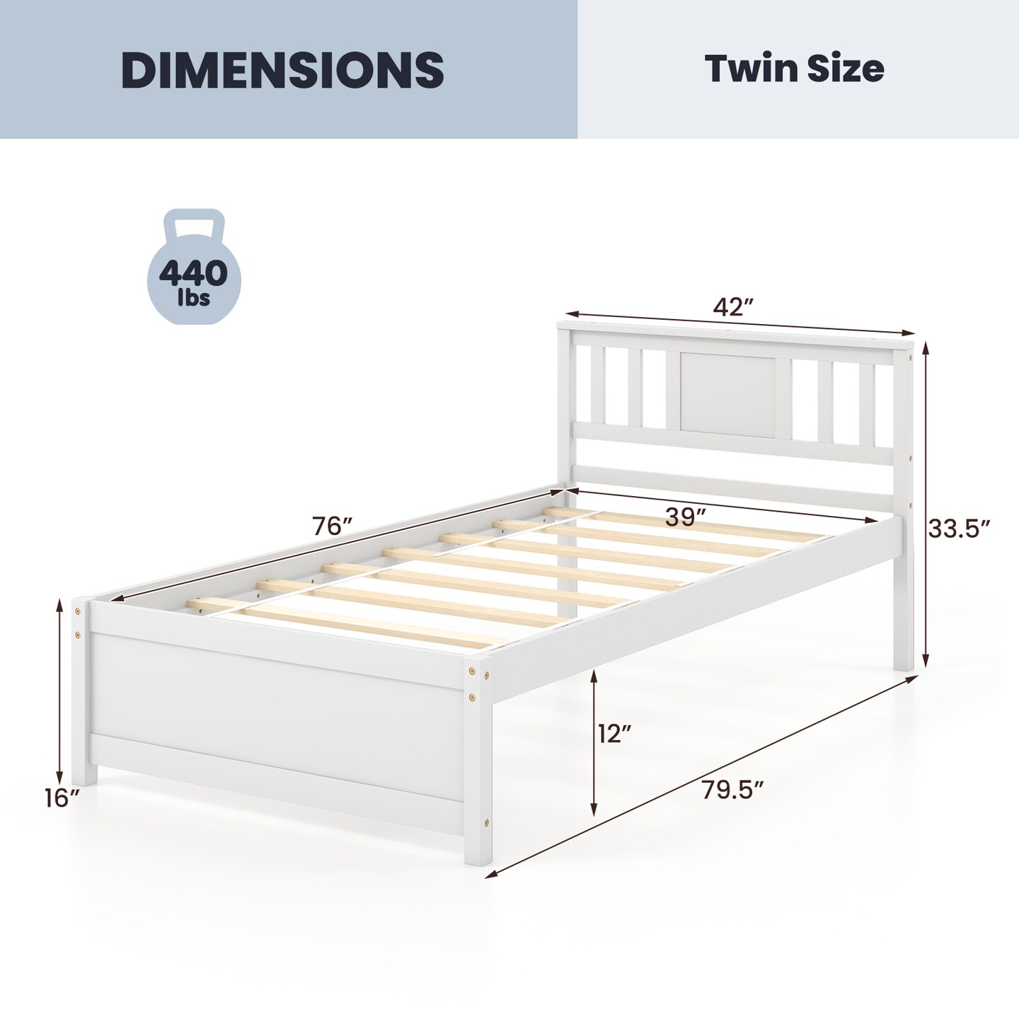 Wooden Platform Bed with Headboard and Wood Slat Support White