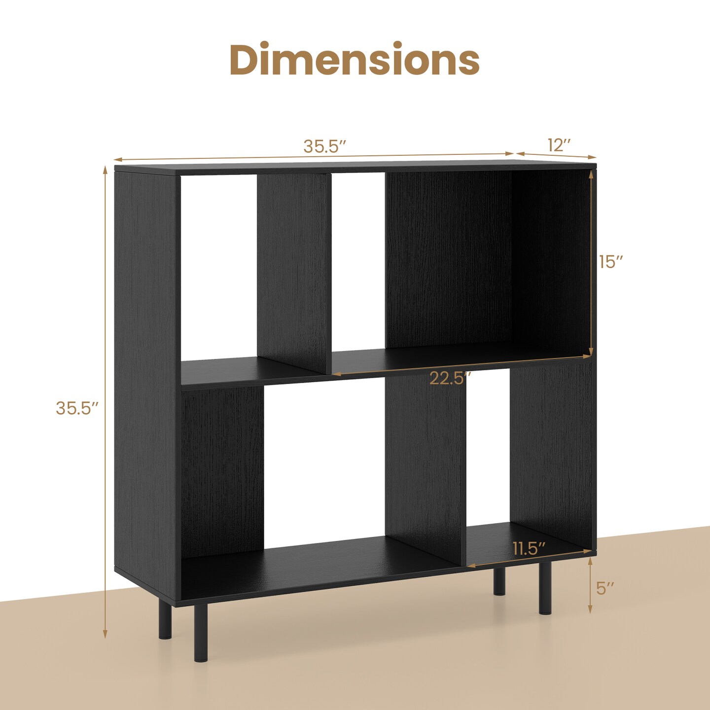 3-Tier Open Shelf Bookcase with 4 Compartments and 4 Metal Support Legs