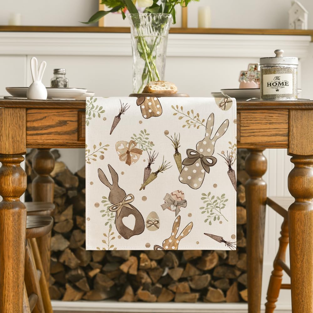 Bunny Rabbit Eucalyptus Eggs Carrots Easter Table Runner, Seasonal Spring Kitchen Dining Table