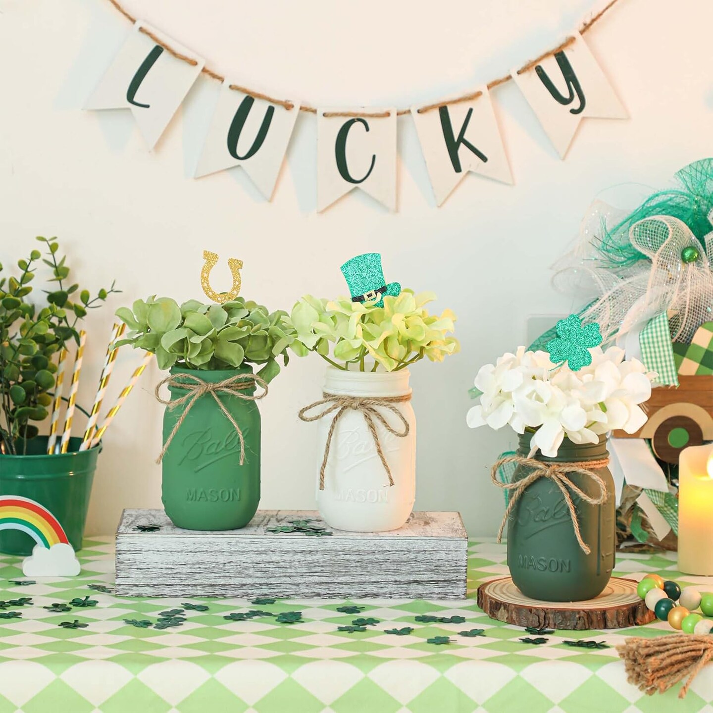 St Patrick Decorations, Green Mason Jar Centerpiece for Table with Wood Tray &#x26; Flowers Set of 3