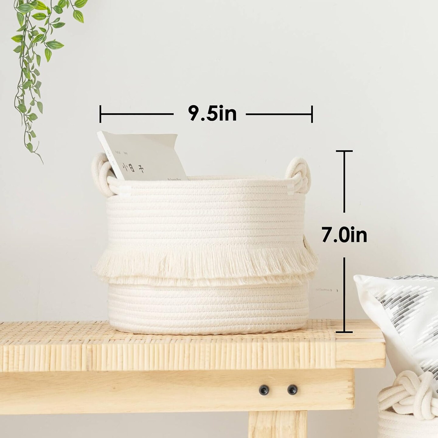 Small Woven Storage Baskets Cotton Rope Decorative Hamper for Diaper, Blankets, Magazine and Keys, Cute Tassel Nursery Decor - Home Storage Container – 9.5'' x 7'' Off-white