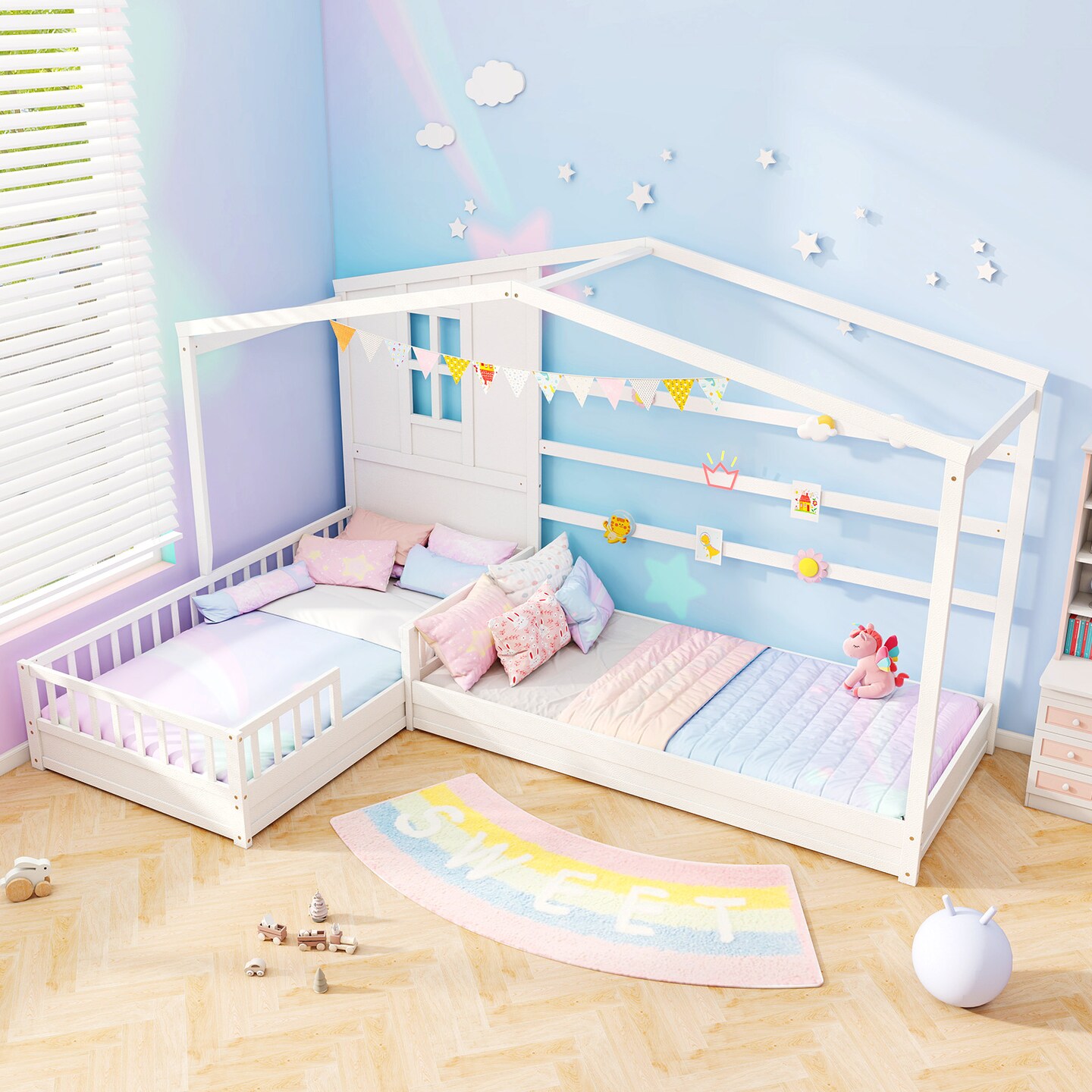 L-shaped Corner Twin House Bed with Guardrails, Creative Roof Design, Solid Wood Frame, and Easy Access