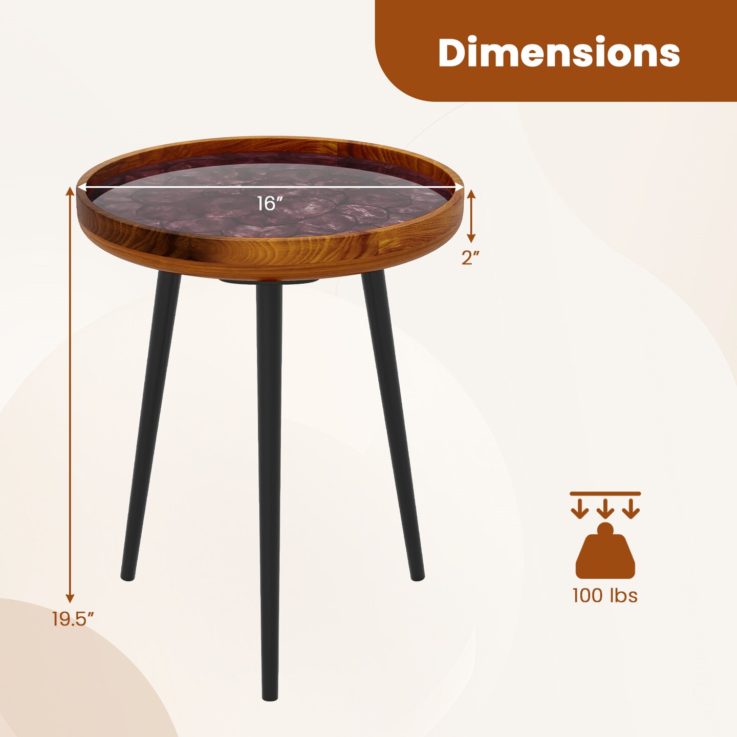 Brown Epoxy Resin Round End Table with Sea Shell Decoration &#x2013; 16/20 Inch