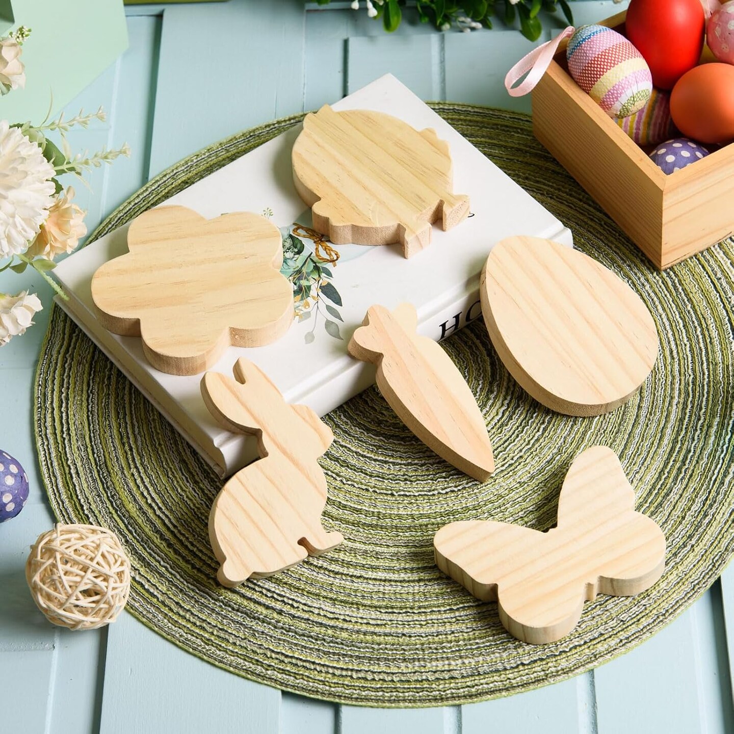 12 Pcs Easter Wooden Cutouts Unfinished Easter Shaped Table Sign Easter Standing Wooden Centerpieces Unpainted Easter Wood Blocks for DIY Crafts School Art Projects Easter Spring Decor,6 Style