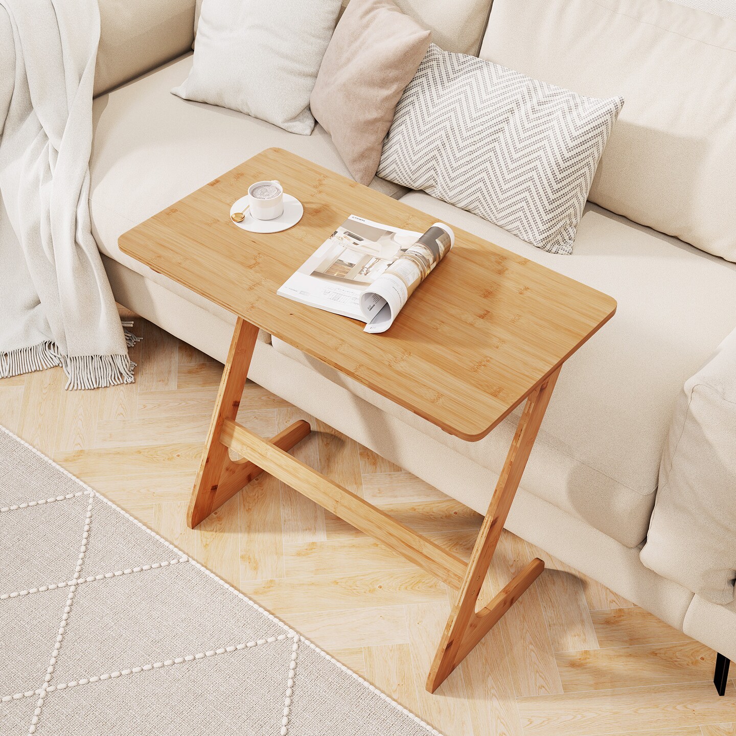 Wicker Z-Shaped Spacious Sofa Side Table with Space-Saving Tabletop