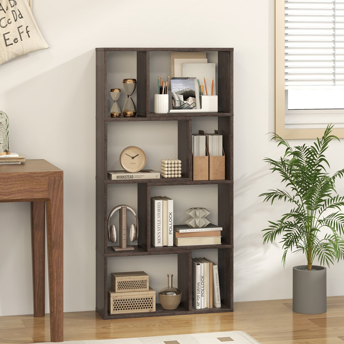 48 Inch 4-Tier Geometric Bookshelf with 8 Cubes for Living Room Bedroom