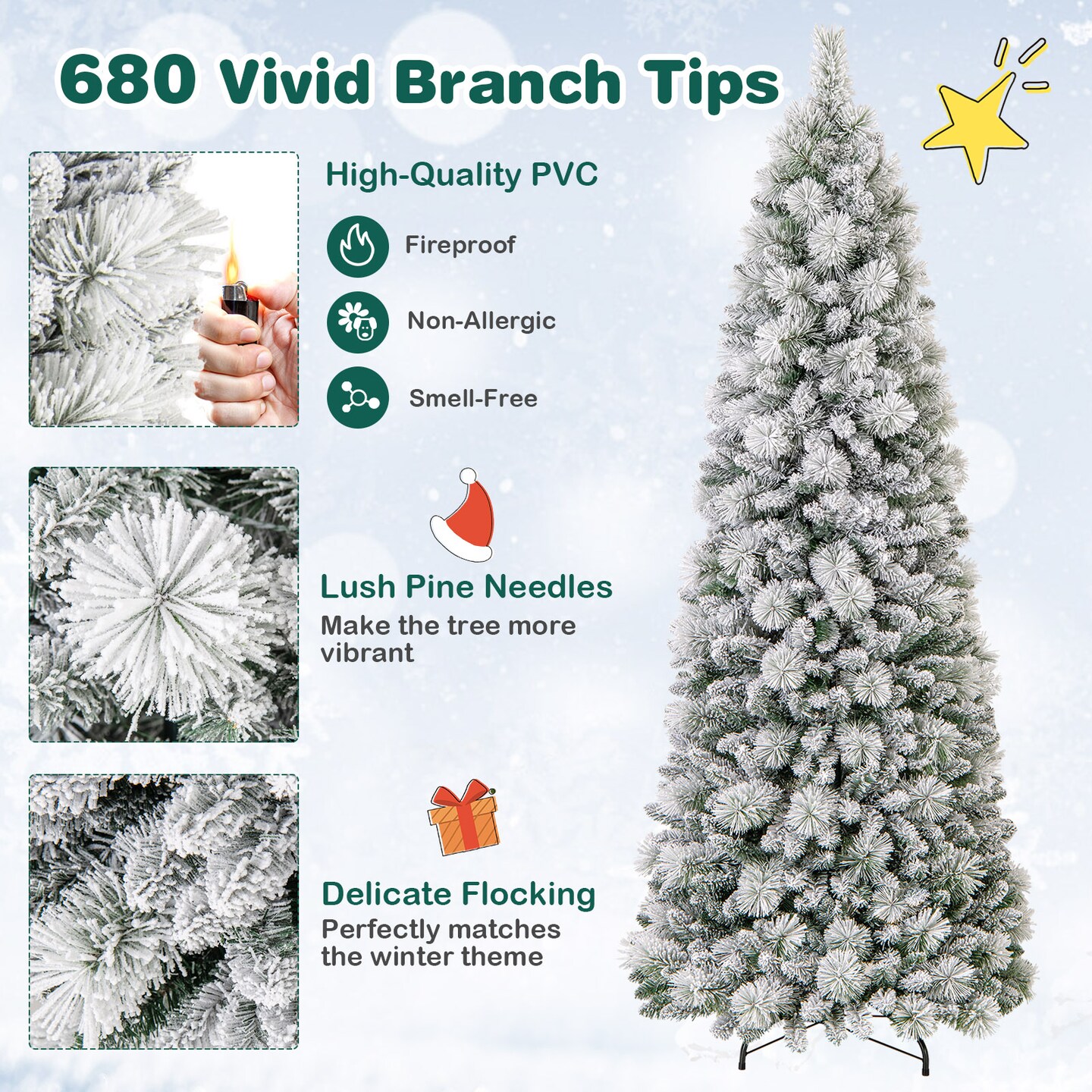 Flocked Christmas Tree with Pine Needles and LED Lights