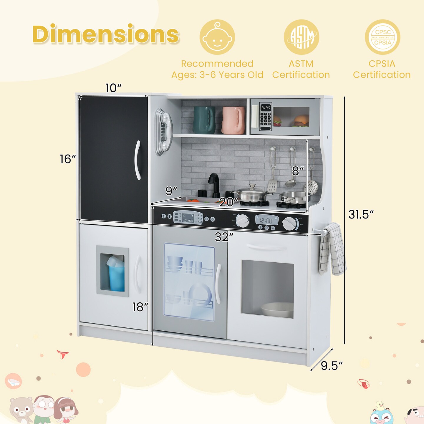 Wooden Pretend Play Kitchen Set for Toddlers, Boys &#x26; Girls Ages 3-6 with Cooking Accessories