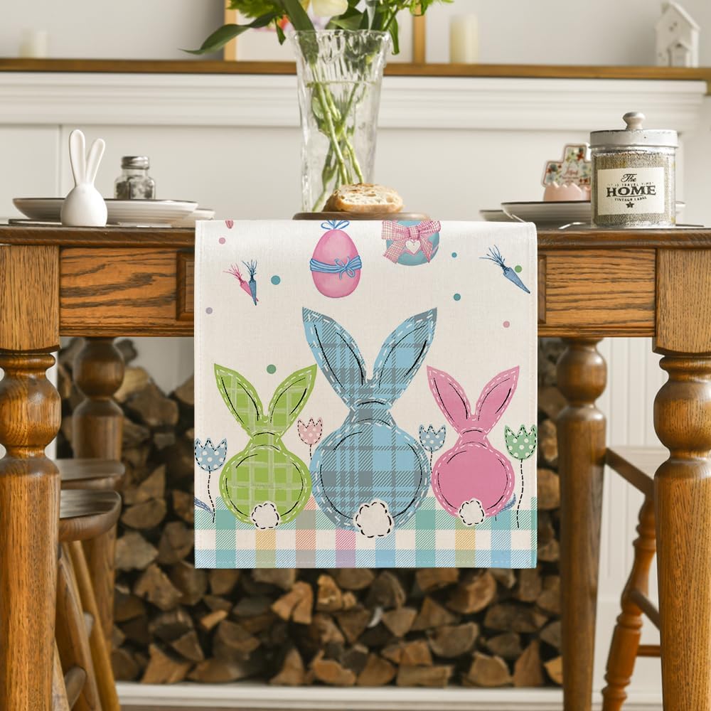 Buffalo Plaid Bunny Egg Carrot Easter Table Runner, Seasonal Spring Kitchen Dining Table