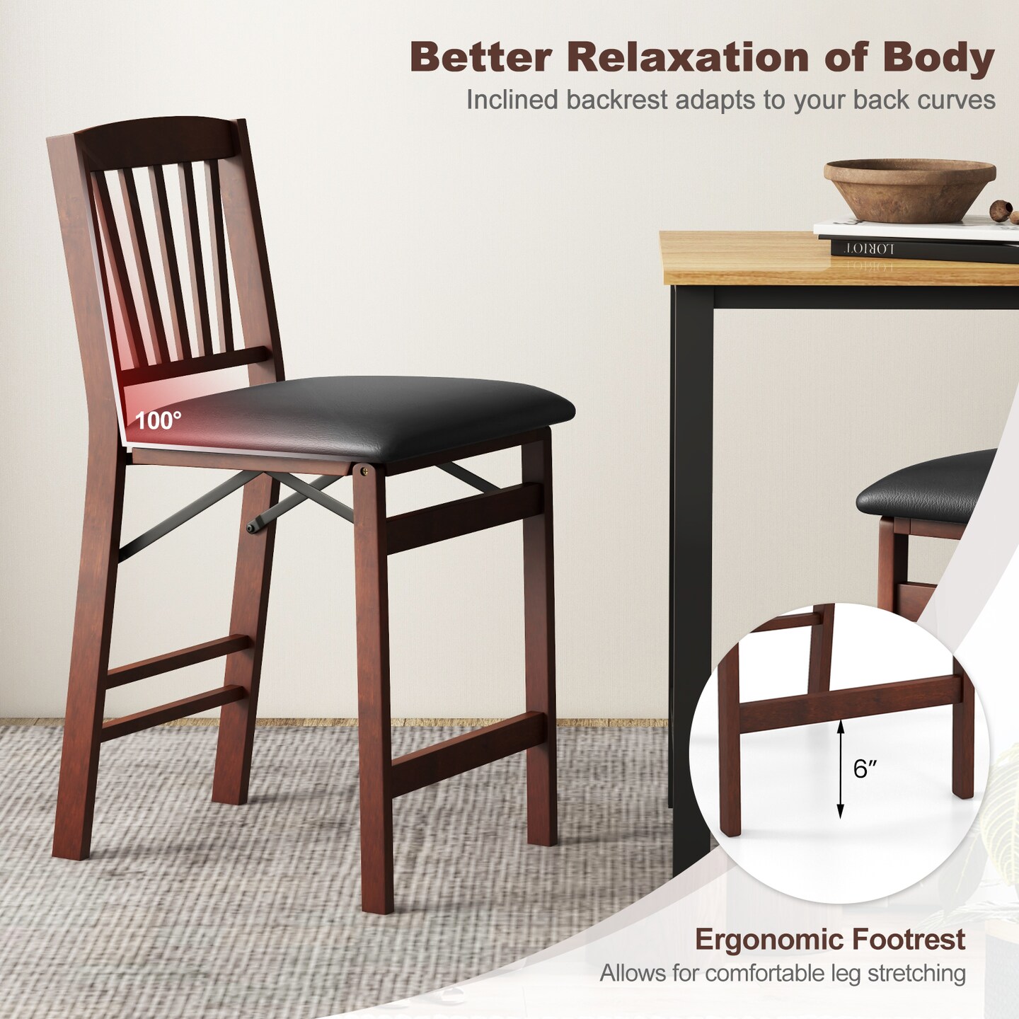 Set of 2 Counter Height Chairs Folding Kitchen Island Stool with Padded Seat-Brown